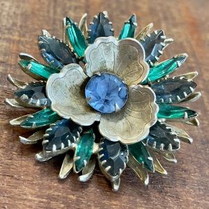 Vintage Flower Brooch with Blue Jewels